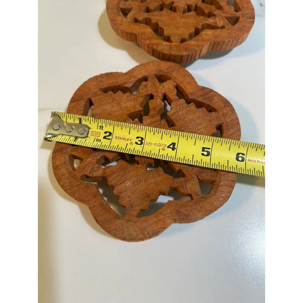 Vintage Hand Carved Wood Floral Trivets Set of 2 Boho Scalloped Kitchen Decor